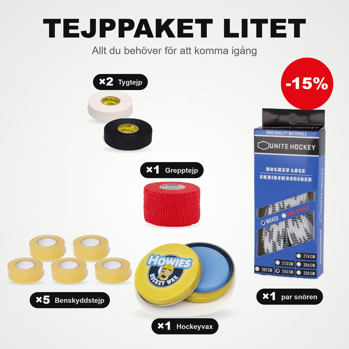 Tapepakket Klein: 5 Scheen-tape, 2 stoffen tape, 1 grip-tape, 1 paar veters en hockeywax