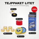 Tapepakket Klein: 5 Scheen-tape, 2 stoffen tape, 1 grip-tape, 1 paar veters en hockeywax