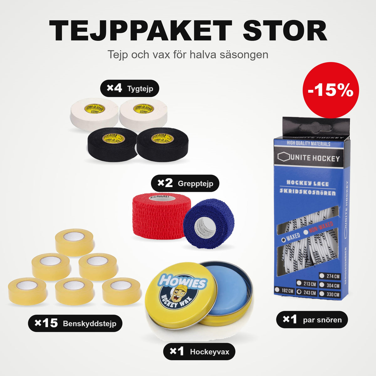 Tapepakket Groot: 15 scheen-tape, 4 stoffen tape, 2 grip-tape, 1 paar schaatsveters en hockeywax
